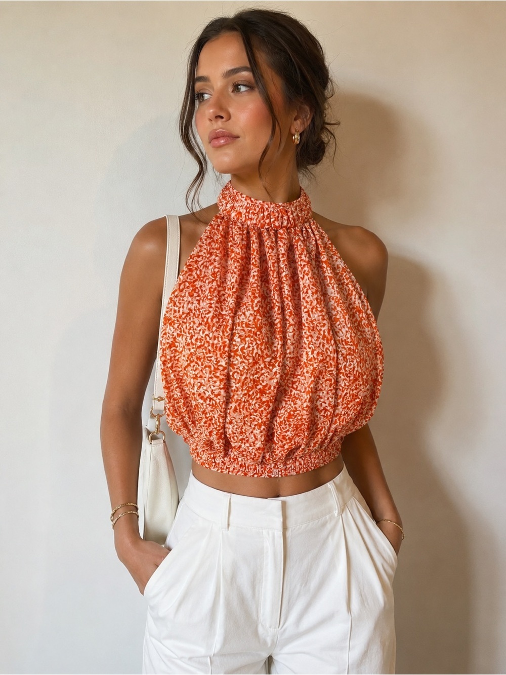 C/MEO Collective Orange Floral Smocked Halter Crop Top